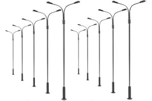 PUUPAA Lot de 10 lampadaires de train de modélisme ferroviaire 14 cm OO HO échelle à deux têtes Lampe LED blanche Décoration de scène pour table de sable et modèles de parc