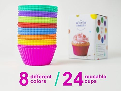 The Boston Sweets Silicone Cupcake Liners - Baking Cups- EIGHT colors - Reusable &amp; Nonstick Muffin Molds - Cupcake Holders Gift set - Pink Purple Blue Red Green Fun Green Yellow Orange Muffin Cups by The Boston Sweets