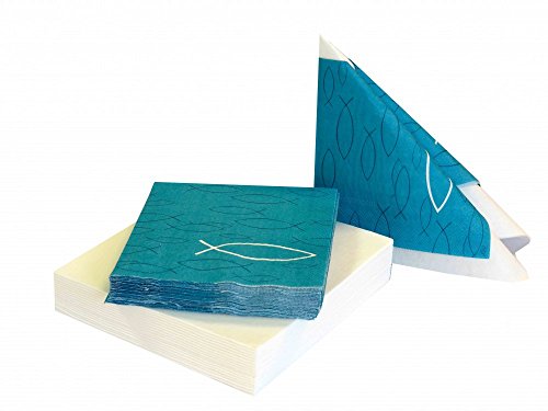 SET: 40 Servietten + 2 Teelichtgläser, Fisch Petrol Blau Weiß Kommunion Konfirmation Tischdeko - 5
