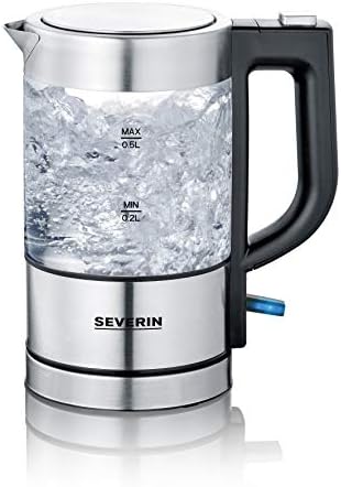 SEVERIN Mini Bollitore in Vetro, 0,5 Litri, 1100W, con Filtro Anticalcare Removibile, 100% BPA Free, Spegnimento Automatico, 17,5 x 10,5 x 19,3 cm, Vetro/Inox/Nero - WK 3472