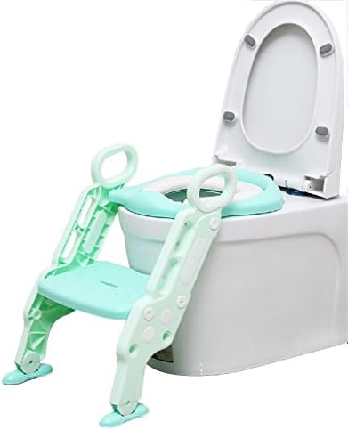 YFF-Baby Toddler Toilet Seat Green Baby Ladder Seat Adjustable Height Safe and Comfort Toilet Ladder Boy Girl Folding Seat Toilet Training Suitable for 1-7 Years Old Max. 75kg