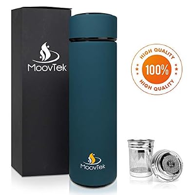 Moovtek⭐Original Bouteille Infusion Isotherme INOX Double paroi 450ml Gourde Enfant|Mug Thermos,Infuseur thé & Fruits sans BPA+ Café, Bureau, Randonnée,Plage, Voyage, Extérieur (Bleu océan)
