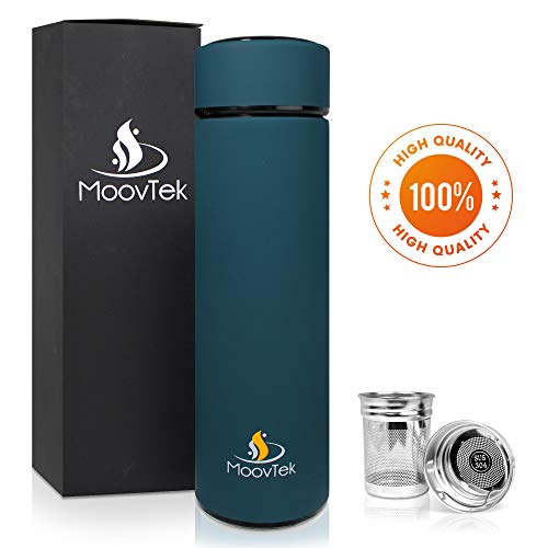 MoovTek® ? Original Bouteille Infusion thé & Fruits Isotherme en INOX Double paroi - Mug Thermos 450ml sans BPA - Gourde infuseur extérieur école Bureau Randonnée Voyage + café (Bleu océan)