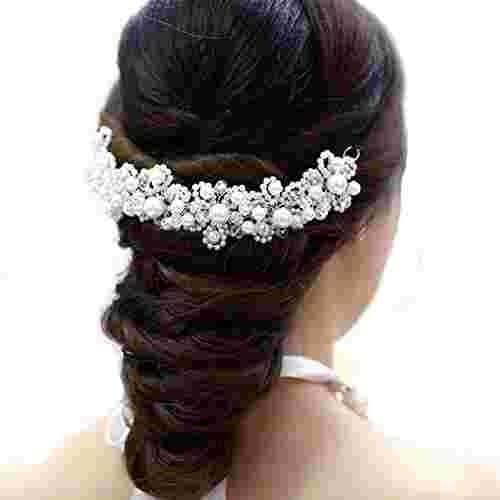 AmberRoze Silver Rhinestone Hair Jewellery with White Pearl Band