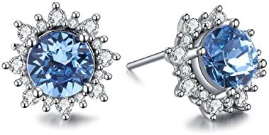 Stud Earrings Silver, ZMIKI 925 Sterling Silver Earrings for Women with Blue Crystal and White Cubic Zirconia Halo