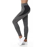 Damen Fitness Leggings Sportbekleidung Sportleggings Fitnesshose Sporthose grau dehnbar Yoga Workout elastischer Bund sowie Muster farblich abgesetzt