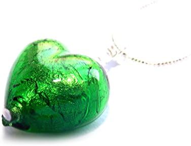 Gift- Handmade Emerald Green Murano Glass Heart with Swarovski Elements and Sterling Silver Beads