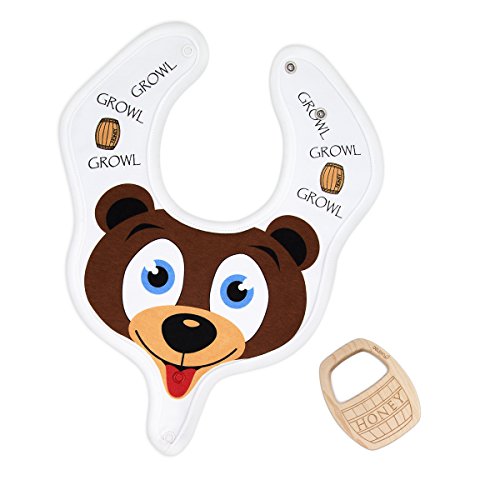 DELEKO Bärchen & Fässchen Lätzchen aus Baumwolle mit einem Beißring aus Ahornholz Handgemacht, natürlich, ökologisch, Ideal für zahnendes Kind ! - 2