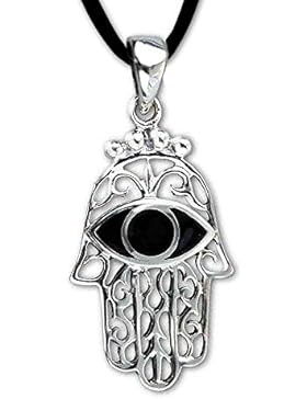 Anhänger Fatimas Hand Fatima Magischer Silber Schmuck mit Lederhalsband Schmucksäckchen und Karte - Schutz vor...