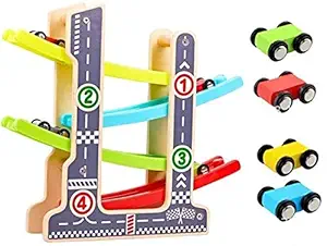 divine man car racer track playset wooden click clack toys with 4 levels zig zag gliding cars wood ramp racer toys for boys wooden race track for 1 2 3 year old girl boy- Multi color