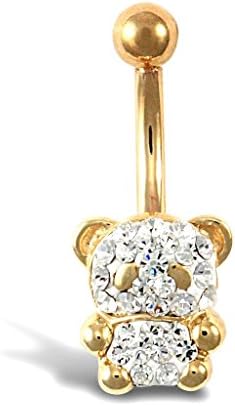 9ct Yellow Gold White Clear Stone Teddy Belly Bar