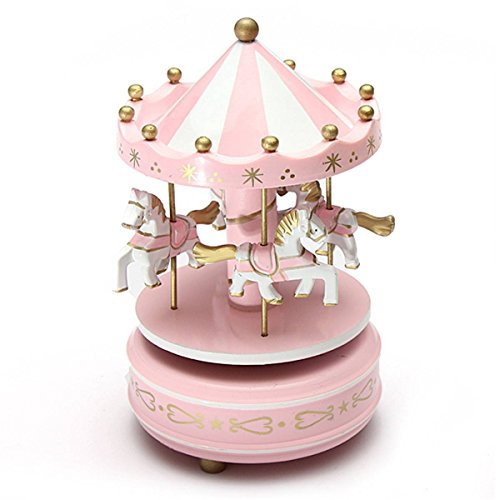 KINGSO Wooden Merry-Go-Round Horse Music Box Roundabout Carousel Music Box Christmas Birthday Gift Pink