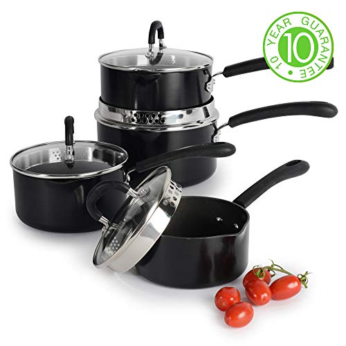 ProCook Gourmet Non-Stick - Batterie Set 4 Casseroles Antiadhésives Induction - Becs Verseurs - Couvercles Passoire Verre Trempé - Poignées Silicone Isolant - 4 pièces