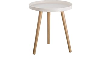 LOLAhome Mesa Auxiliar Redonda de Polipropileno Blanco con 3 Patas de Madera de 40 cm de Diámetro y 43 cm de Altura Moderna para Salón o Dormitorio