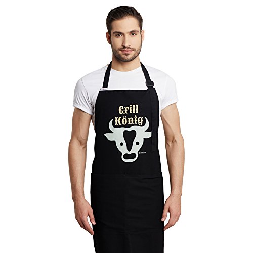 Inhoma Grillschürze bedruckt: „Grill König“ in Schwarz | 100% Baumwolle | Barbecue-Schürze mit praktischen Taschen & verstellbarem Nackenband | extra groß 1x1m | Männergeschenk | mit Spruch - 2