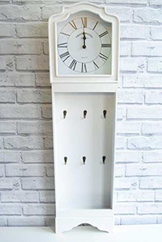Four Seasons- Clock Large Wall Clock Vintage Style White Distressed with 6 Hooks for Hanging Keys