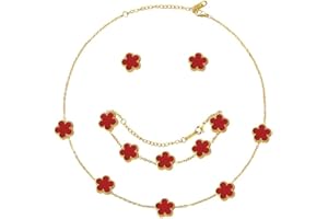 Hanaoops Conjunto de Joyas para Mujer con Trébol de Cuatro Hojas 18K Oro Plateado Acero Inoxidable Doble Cara Trébol de Cuatro Colgante Collar Pendientes Pulsera Juego de Joyas