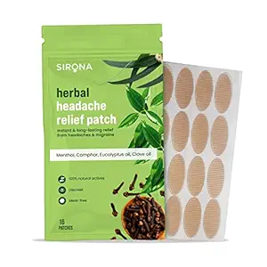 Sirona Herbal Pain Relief Patches - Pack of 16 Patches | Instant Relief from Headaches and Migraine with Natural Ingredients like Menthol, Camphor, Eucalyptus Oil and Clove Oil | No Side Effects