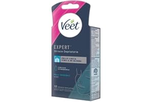 Veet Expert Strisce Depilatorie Viso, Ceretta per Pelli Sensibili con Olio di Mandorla, Dermatologicamente Testate, 12 Strisce (6x2 Strisce) + 2 Salviette Post-Epilazione con Olio D'Argan
