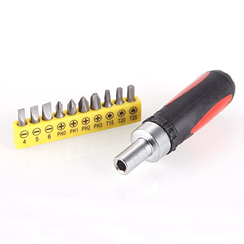 ZHUOTOP Stubby Short Hand Screwdriver Ratchet Ratcheting Handlewith 10 Bits Driver Tool Set