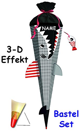 3-D Effekt _ BASTELSET Schultüte – “ Fisch / Hai HAPPEN “ – 85 cm – mit Holzspitze – Zuckertüte – Set zum selber Basteln – 6 eckig / schwarz weiß – Jungen & Mädchen – Komplettset – incl. Rohling – Fische – Haifisch / Unterwasser - 3