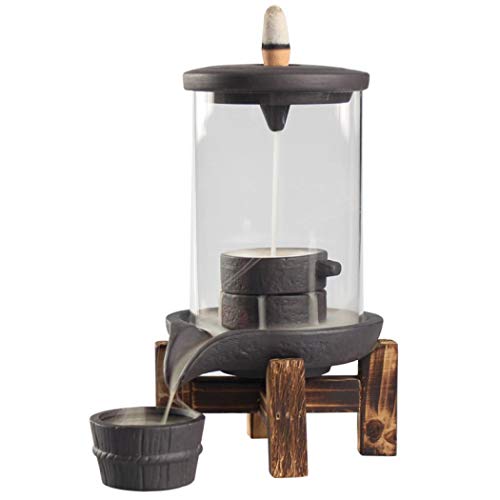 Backflow Incense Burner, Incense Cone Burner Ceramic Backflow Incense Holder Incense Stick Holder Office Home Decoration Handicraft Gift with 10 Free Cones Acrylic Cover with Wood Holder
