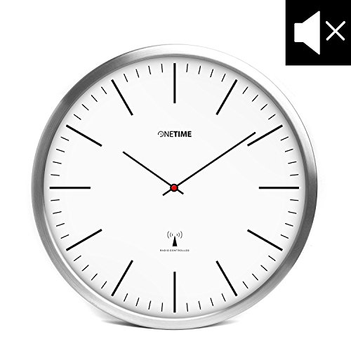 ONETIME Weiße Funkwanduhr aus Aluminium mit lautlosem Sweep Uhrwerk - Striche - 30,5 cm 12 Zoll (Ø) - Striche - kein nerviges Ticken