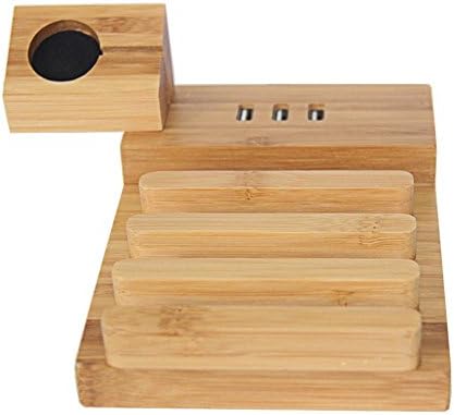 HFARUYGRT 2pcs Watch Stand Wood Bamboo Multi Device Charging Station 5-Port USB Charger Dock for Apple iPhone Samsung Cellphone & Tablets, carbonated bamboo british gauge plug