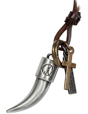 Oidea Herren Halskette mit Anhänger, Leder Kette Halsband mit Wolf Zahn Gebiss Ringe Kreuz und Schrift Tag Legierung...