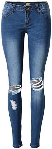 Women'S Jeans High Waist Denim Loose Straight Trouser Slim Elasticity Knee Holes Worn Casual Pants , Blue , 42