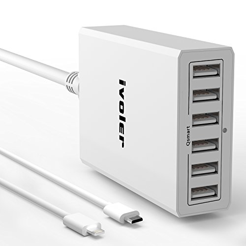 iVoler Caricabatterie USB da Muro 6 Porte 60W (5V/12A Max, 2.4A Max per Porta), Caricatore USB da Tavolo 6 Porte, Alimentatore multi-porta con Tecnologia Qsmart per iPhone, iPad, Samsung Galaxy, Huawei,ASUS, LG, HTC, Sony,Motorola,Tablet, Smartphone e gli altri dispositivi USB. [Incluso un Cavo iPhone (1m) & Cavo Micro USB (1m)] (Bianco)