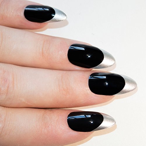 Bling Art Stilett Falsche Nägel Acryl Schwarz Silber Medium Tipps UK - 3
