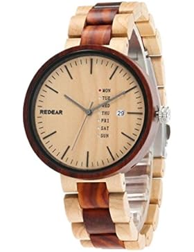 Redear Unisex Quarz Armbanduhr massive Naturholz Quarzuhr Uhr handgefertigt braun mit Kalender Funktion Holzuhr...