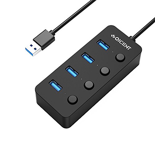 QICENT USB 3.0 HUB 4 Puertos con Switch Alta vVelocidad para PS4 Surface Pro 4 Ultrabooks Apple MacBook - Negro