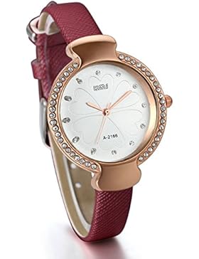 JewelryWe Damen Mädchen Armbanduhr, Analog Quarz, Fashion Elegant Leder Armband Uhr mit Strass Herz Kleeblatt...