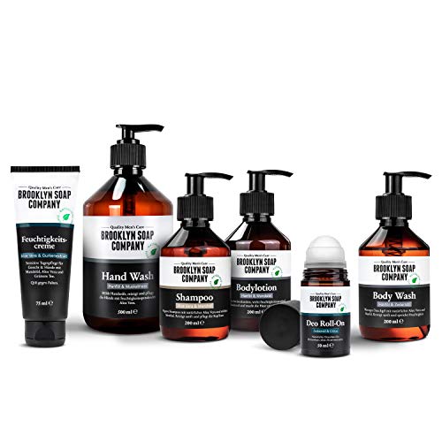 All in One Essentials Kit (6-in-1) · Brooklyn Soap Company · Körperpflege Set für Männer inkl. Bodylotion, Shampoo, Duschgel, Handseife, Feuchtigkeitscreme & Deo Roll-On