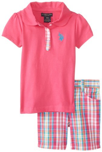 U.S. Polo Assn. Baby-Girls Infant 3 Piece Set Polo Shirt and Plaid Bermuda Shorts, Pink Kite, 12 Months Color: Pink Kite Size: 12 Months Infant, Baby, Child