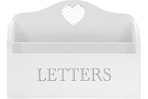 THORNE ANTIQUES AND COLLECTABLES Rustic White Letter Rack With Contrasting Grey Letters Wording and Cutout Heart Detail, Twin Compartment Decorative Mail Organiser (White)