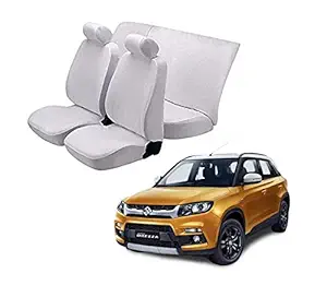 AUTOKAAR Denim Fabric White CAR SEAT Cover for Maruti BREZZA (with NO ARMREST in Rear SEAT)