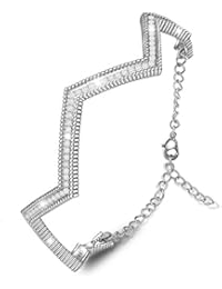 MARENJA-Regalo San Valentín Pulsera Mujer de Moda-Forma de Línea-Joya Chapada en Oro Blanco con Cristal