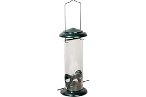 dobar® 11516 Kompakte Vogelfuttersäule mit Anflugstangen - Wildvogelfutterspender für Sämereien - Vogelfutterstation Metall - Futterspender in Garten/Terrasse/Balkon - Ø 9,5 x 23 cm - Grün