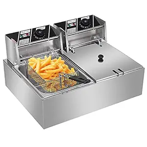 Shoppers Hub PNQ Electric Stainless Steel 8+8 Litres Gross (6+6 Litres Nett) 2500W+2500W Multipurpose Double Deep Fryer with Temperature Selection Feature for Heavy Duty Commercial Use in Cloud Kitchens, Cafes, Hotels and Restaurants