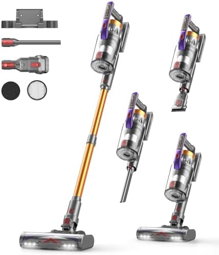 CHEBIO Aspirapolvere a batteria, 50.000 Pa/600 W, 75 minuti, senza sacchetto, 1,8 l, autoportante, con display a LED e spazzola anti-groviglio, per peli di animali domestici, pavimenti duri, tappeti