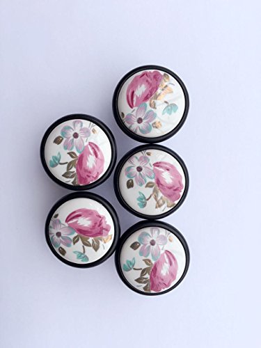 Schönes Leben* 5 Pcs Möbelknopf Schrankknöpfe Möbelgriff Retro Keramik Türknopf Schwarz Tulpe - 3