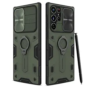 CloudValley for Galaxy S22 Ultra Case with Camera Cover & Finger Ring Kickstand, Slide Lens Protection, Impact-Resistant, Shockproof Protective Bumper Case for Samsung S22 Ultra 5G, Green