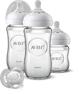 Philips Avent SCD303/01 Kit nouveau-né Natural Verre, 2 Biberons 260ml + 2 Biberons 125ml + 1 sucette + 1 brosse 0-6 Mois