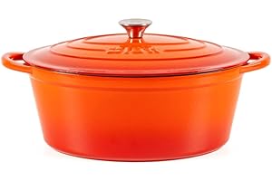 Lätt Home Cocotte in Ghisa Smaltata Arancione. Forno Olandese Pentola Ovale Antiaderente 33x11 CM - 6 L. Casseruola Pentola in Ferro per Induzione, Vetroceramica e Forno