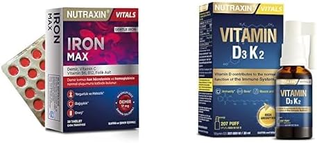 Nutraxin Iron Max 30 Tablet – Demir, C Vitamini, Folik Asit ve B12 Vitamini İçeren Takviye + Nutraxin D3K2 Vitamin 30 Ml