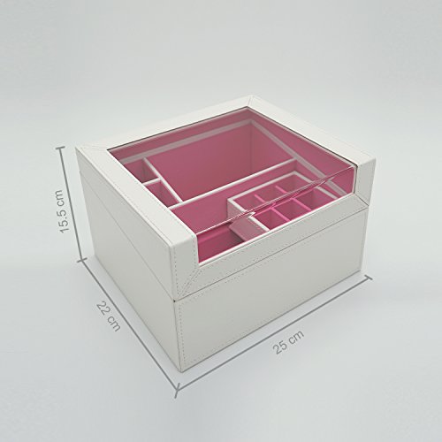 4Queens XXL Sexy Schwarz/Rosarot Holz Leder Kosmetikorganizer Kosmetikbox Kosmetik Ständer Kosmetik Aufbewahrung Schmuckaufbewahrung Schmuckkasten Schminkkasten Schminkbox Schmink Aufbewahrung Makeup Aufbewahrung Makeup Box mit sichtbarem Fenstern LxBxH: 25*22*15cm (Weiß/Rosarot) - 5