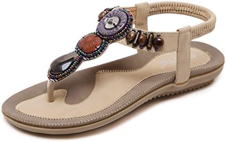 Ruiren Round Peep Toe Bead Elastic Bohemian Sandals For Women, Summer Beach Post Sandals Flip Flops Flat Shoes For Ladies